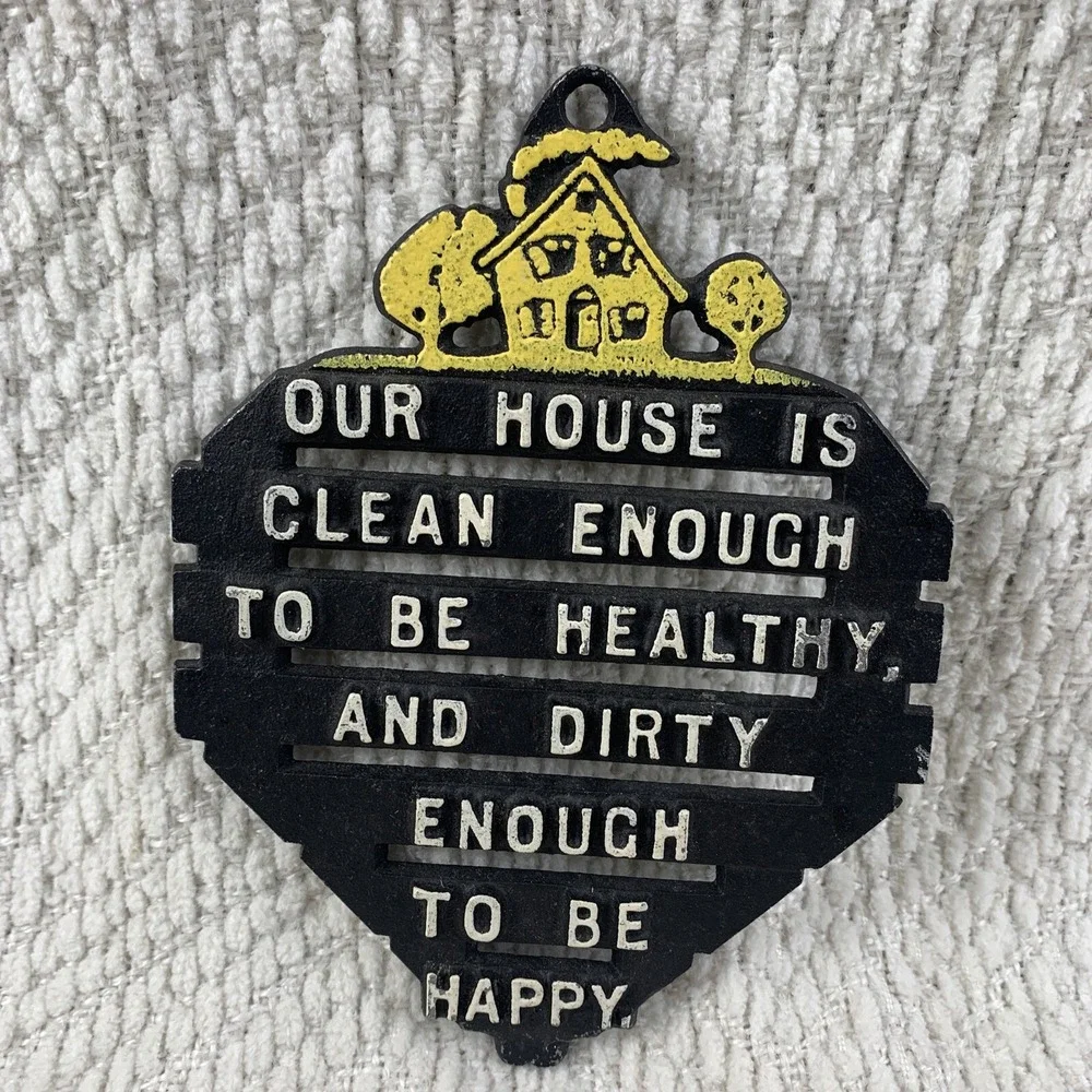Vintage Cast Aluminum‎ House Is Clean Metal Trivet Kitchen Decor White Black USA
